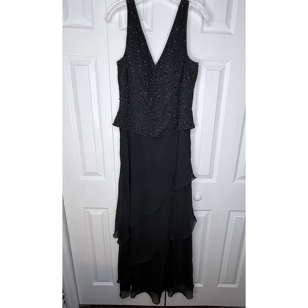 Cassandra Stone Mac Duggal Vintage 90s Y2K Beaded Gown Black Chiffon SZ 10‎